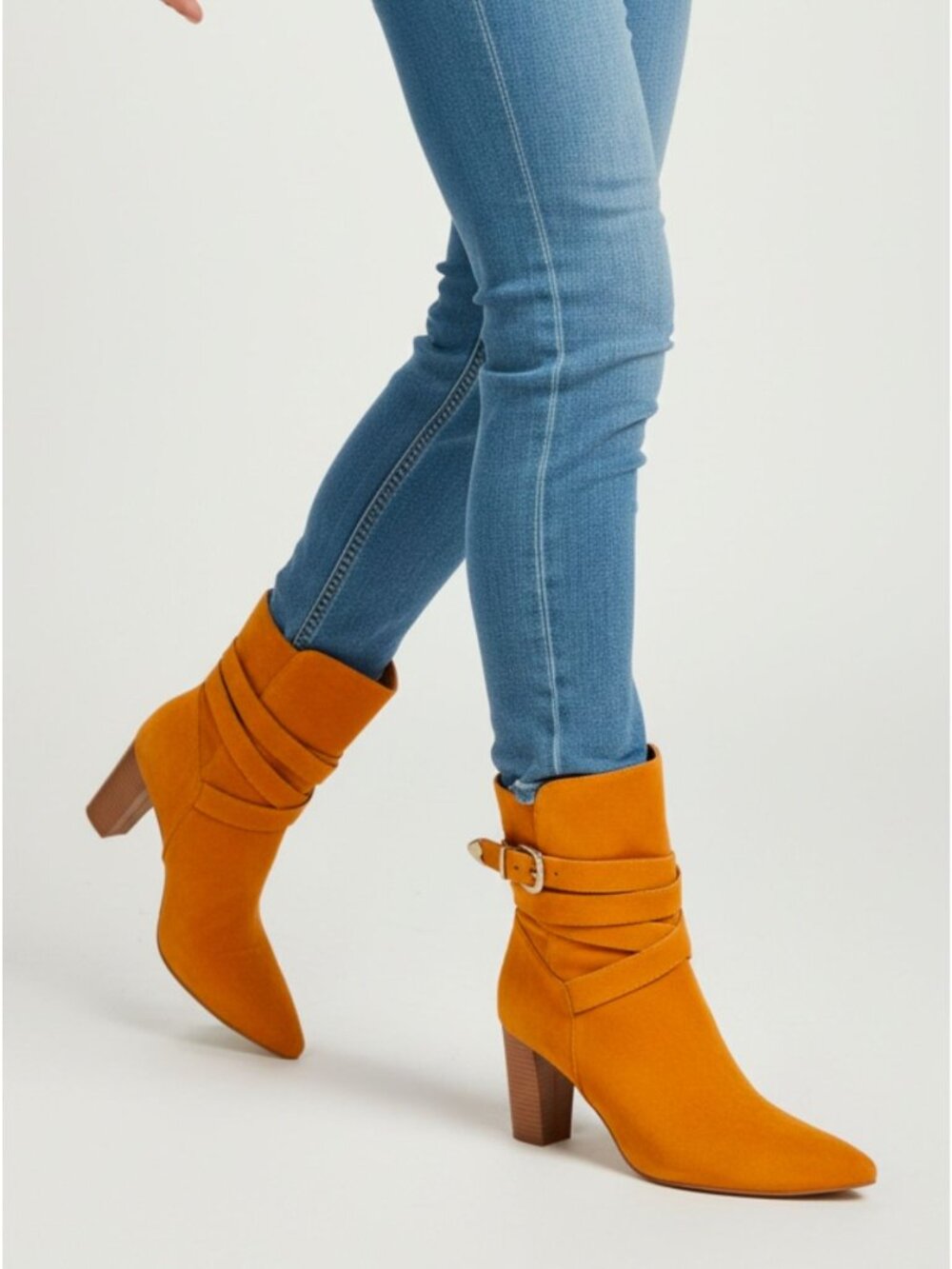 Mocha Faux Suede Ankle Boots With Block Heel & Buckle Strap